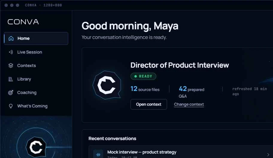 Conva home screen with the prepared Context and recent conversations