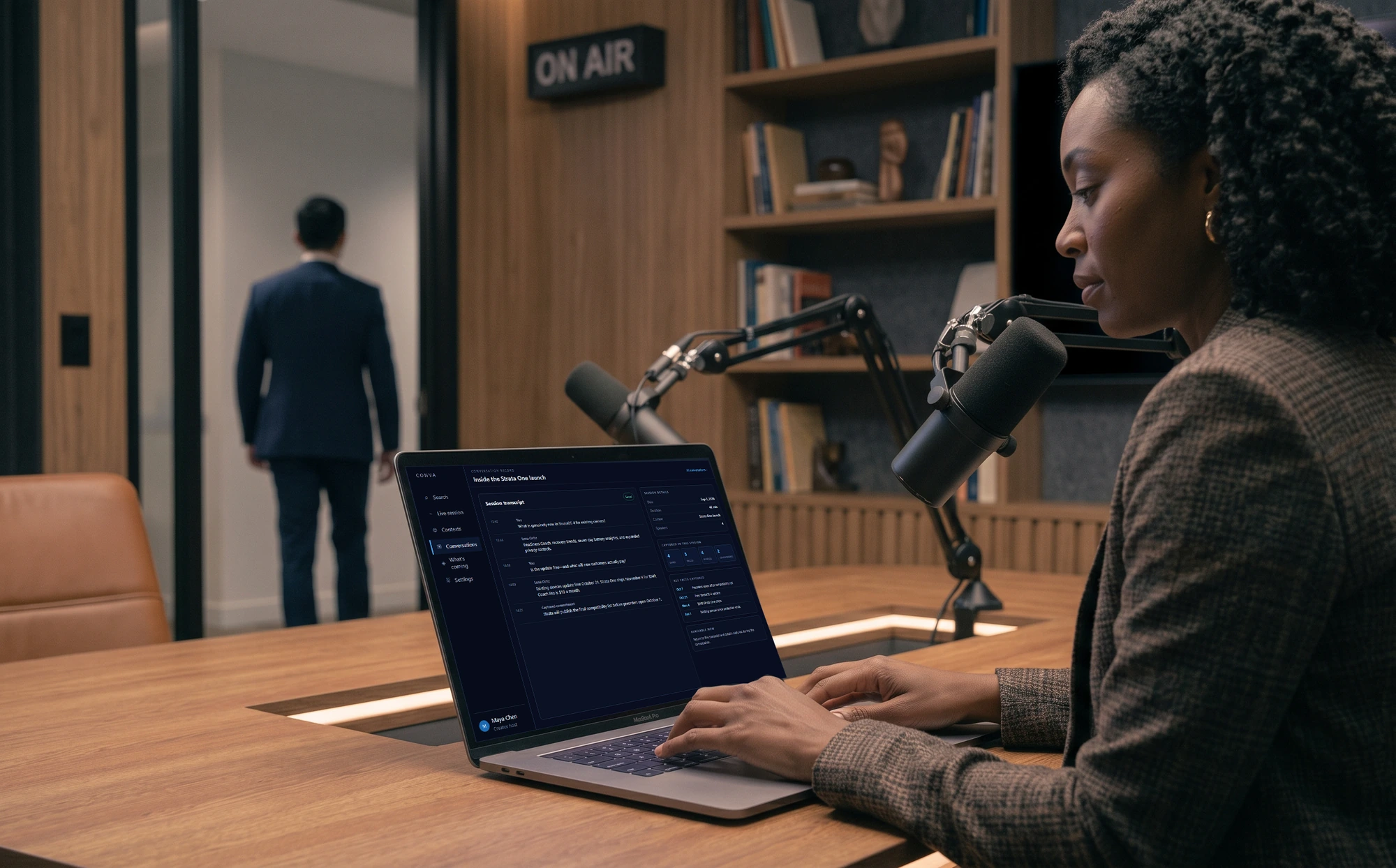 Podcast host reviews the saved Conva conversation record